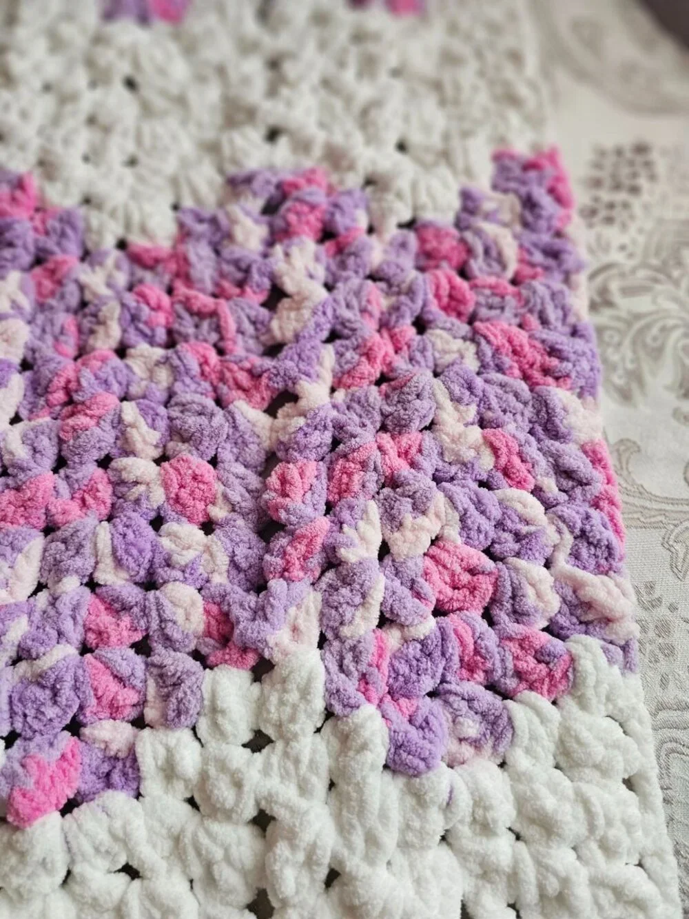 New Hand Crocheted Pink & Purple Lap Throw/Baby Blanket - Soft Chenille 36